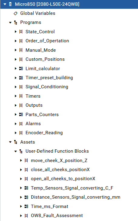Micro850 project tree listing programs for state control, order of operation, manual mode, custom positions, limit calculator, timer preset building, signal conditioning, timers, outputs, parts counters, alarms and encoder reading, plus user-defined function blocks for cheek movement, signal conversion and relay fault assessment