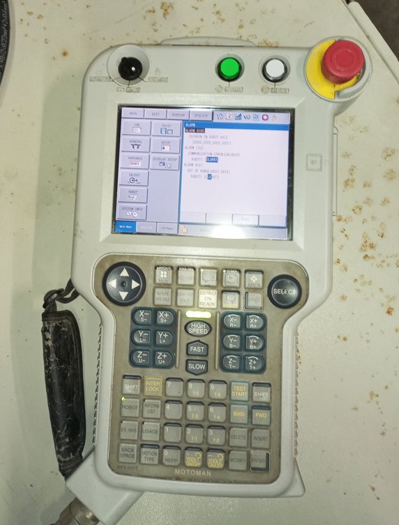 Motoman teach pendant screen showing an active alarm list with fault codes